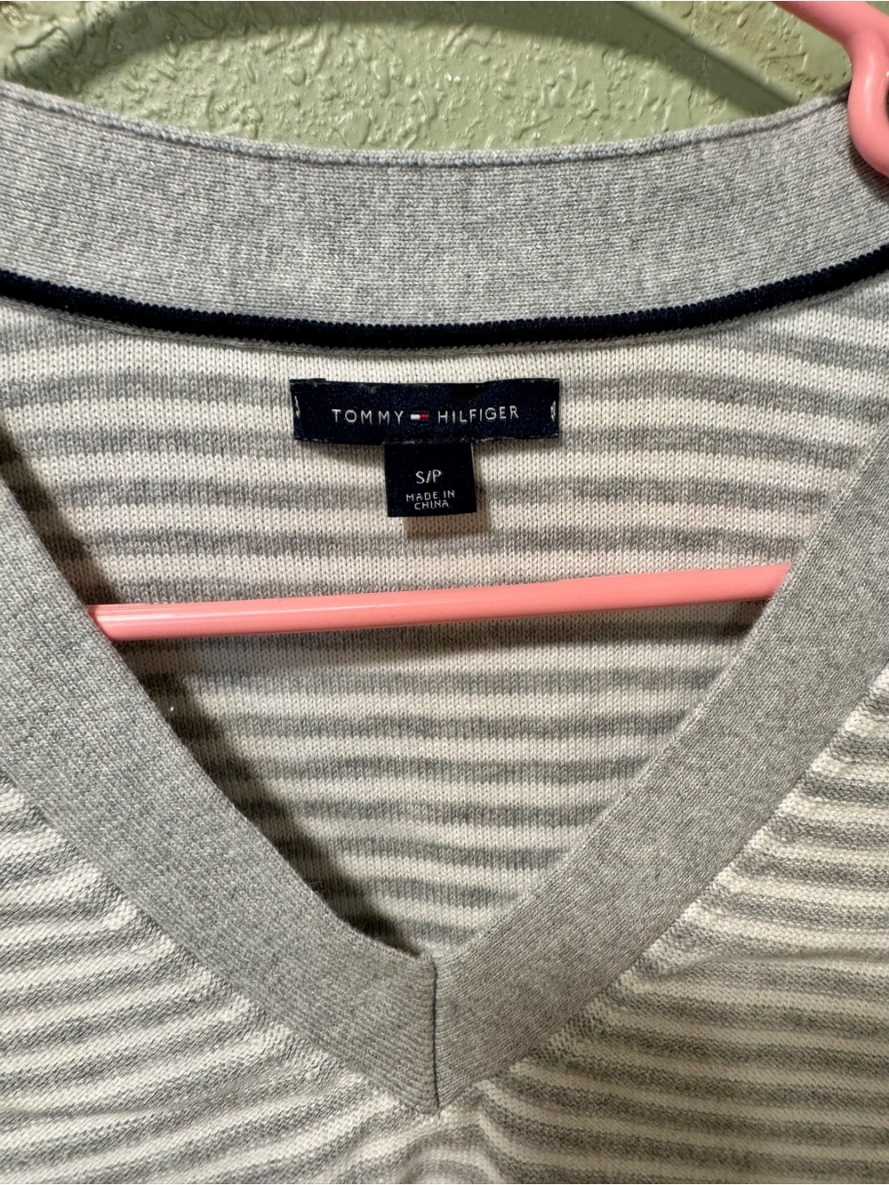 Tommy Hilfiger Women's Gray & White Striped V-Neck Sweater - Picture 2 of 4